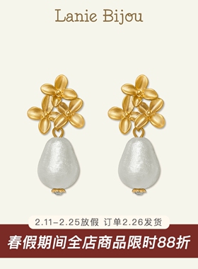 棉花珍珠/日本进口水滴吊坠三朵小花耳钉ins复古气质高级感耳环女