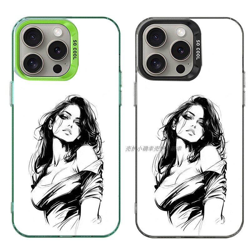 大孔硬壳手机壳适用苹果iPhone17Pro16Max13Pro15XS14XR8X7plus12SE11 美女线稿黑白