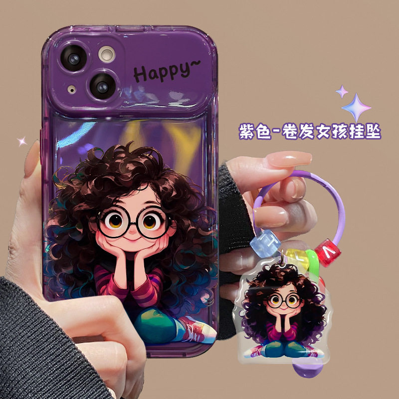 炸毛眼镜女孩挂坠适用苹果16pro手机壳iphone15翻盖镜子13/17透明
