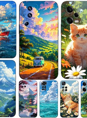 磨砂软手机壳适用红米NOTE1413K80K70K50K6012turbo11PROPLUS+至尊K40K30iUltra5G 乡村山风景猫咪