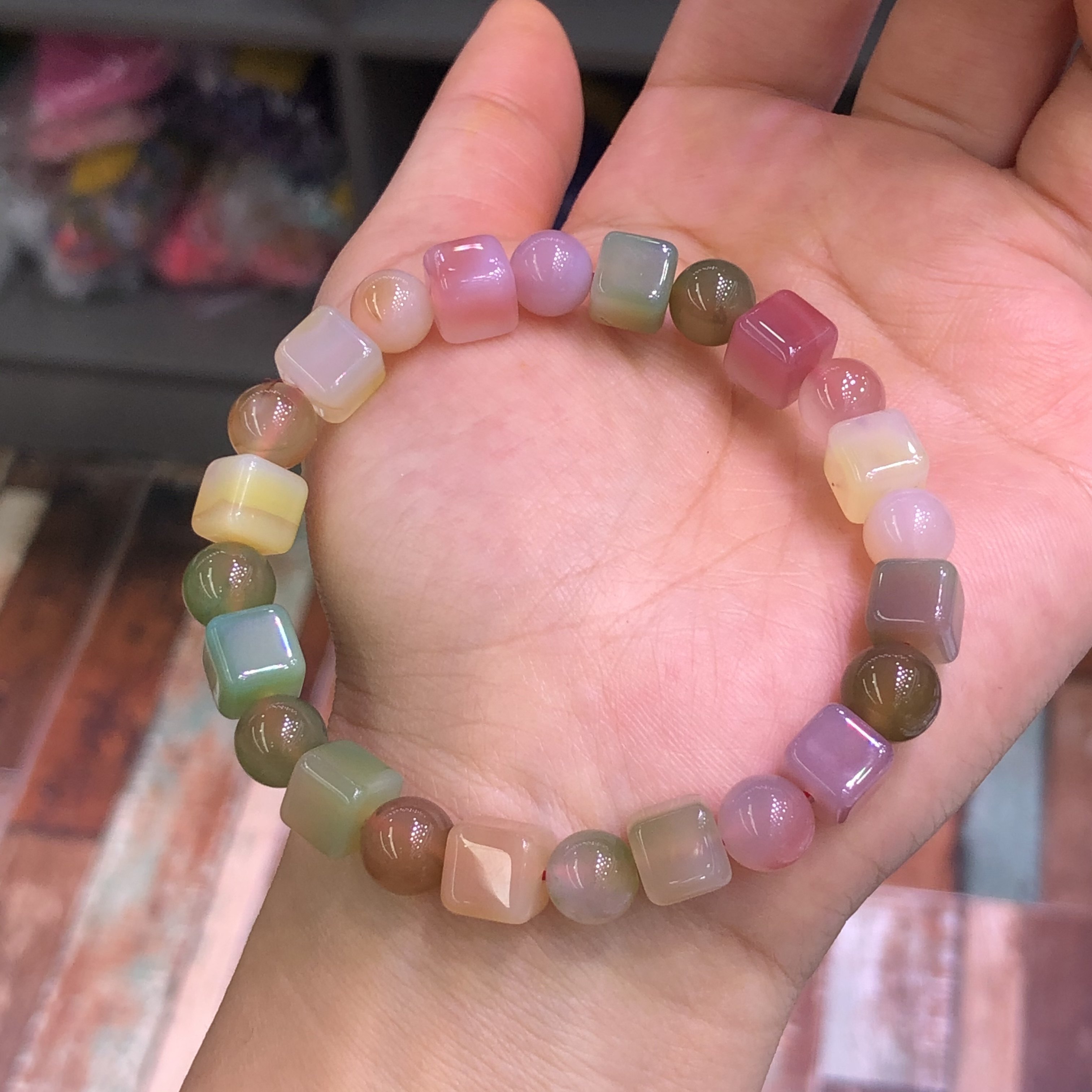 天然老矿盐源玛瑙满肉单圈方糖手串七彩玉南红满色手链情侣原创