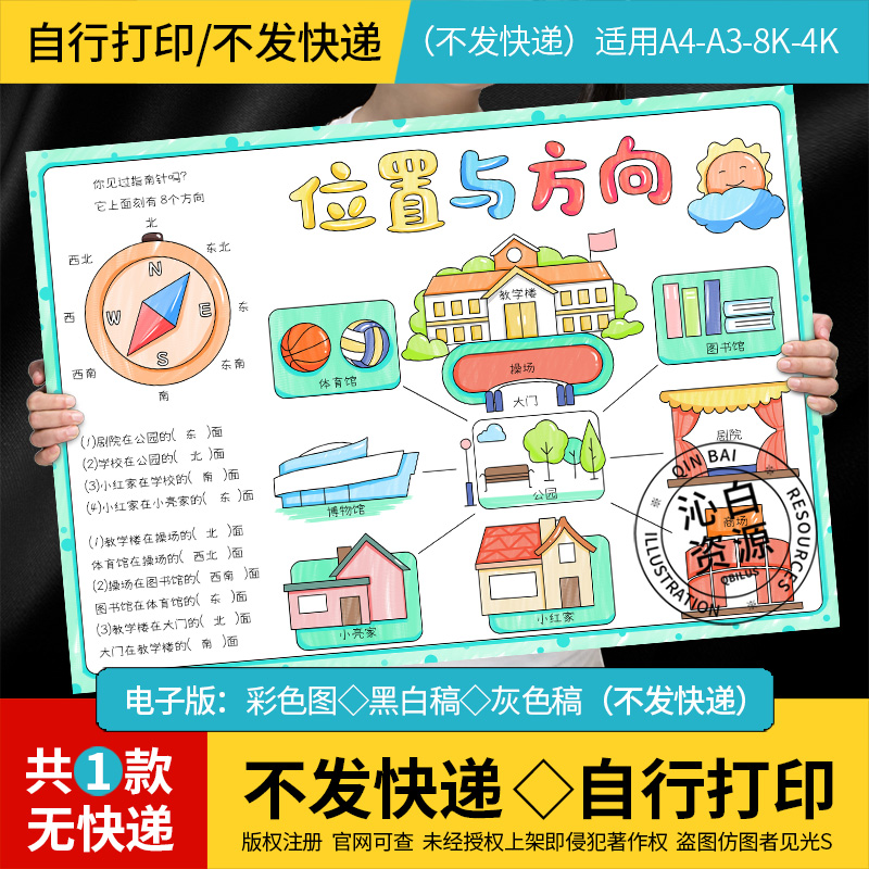 位置与方向手抄报模板小学数学三年级下册小报黑白线稿可涂电子版