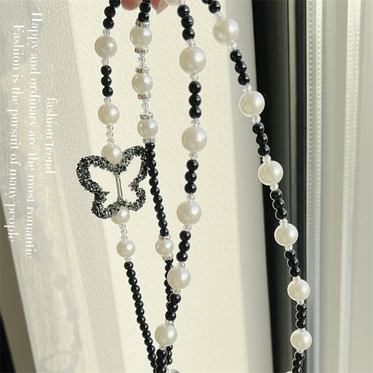 好看手机挂绳长款斜挎可背ins高端时尚珍珠链子户外相机小蜜蜂壳