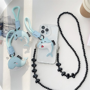 皮质鲨鱼公仔手机背夹ins风挂绳斜跨可背包包挂件手机壳链挂饰品