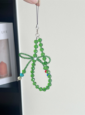 绿色手机链玻璃串珠挂饰ccd相机链女精致高端腕带蝴蝶结手机挂绳