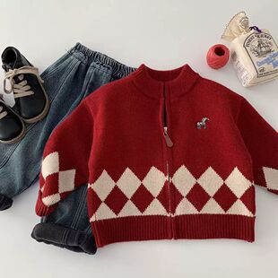 儿童过年毛衣男喜庆冬款小童新年针织开衫菱格宝宝红色外套女加厚