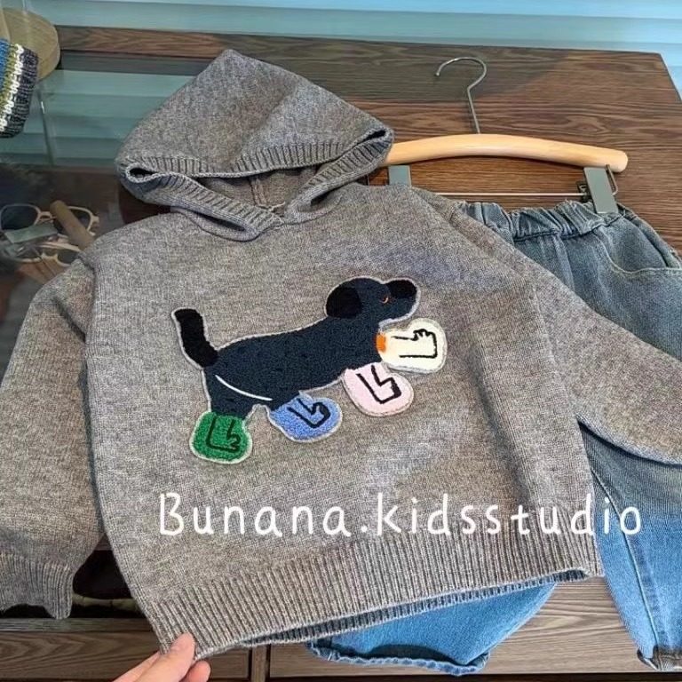 2025韩国秋冬新品洋气儿童毛衣连帽卡通宽松男女童长袖针织衫上衣