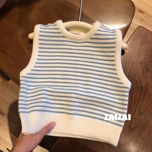 日系秋季新款针织马甲婴幼儿秋装衣服男女宝宝条纹百搭圆领坎肩潮