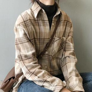 加厚叠穿格子衬衫女复古港味长袖打底衬衣外套秋冬设计感小众上衣