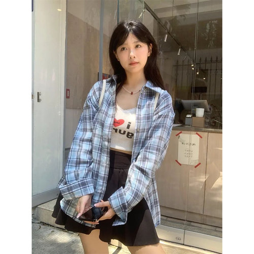 AMBER LIGHT复古蓝色格子衬衫女秋季长袖大码宽松衬衣防晒上衣潮