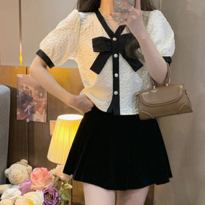 法式小香风甜美蝴蝶结新款设计感百搭别致v领泡泡袖衬衫女上衣潮