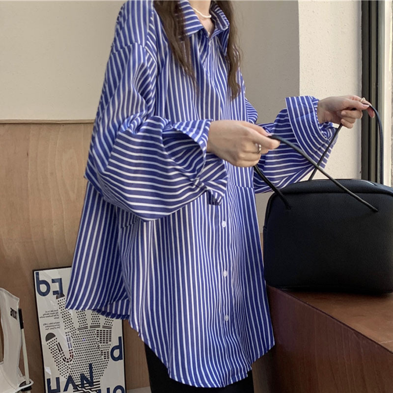 竖条纹衬衫女春秋2024年新款韩版宽松慵懒风衬衣休闲别致长袖上衣
