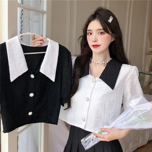 女设计感小众夏季 衬衫 女装 胖mm泡泡袖 上衣 大码 显瘦短款 娃娃领短袖