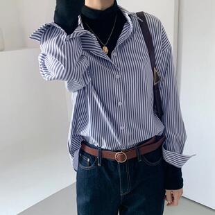 条纹衬衫女长袖内搭外穿宽松蓝色衬衣2024韩版轻熟上衣设计感小众