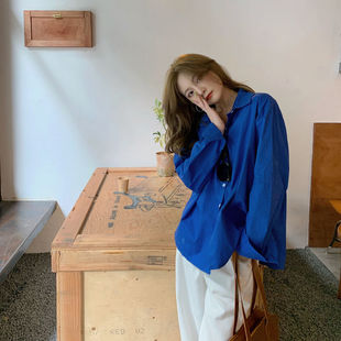 韩风chic中长款 上衣女2024年韩系设计感小众蓝色显白衬衣外套 衬衫