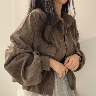 韩国chic秋冬法式复古宽松百搭单排扣翻领短款灯芯绒衬衫外套女潮