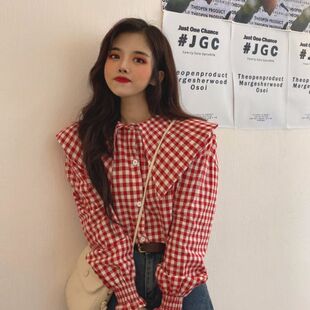 格子衬衫女设计感秋季韩版百搭复古小清新上衣法式少女娃娃衫长袖