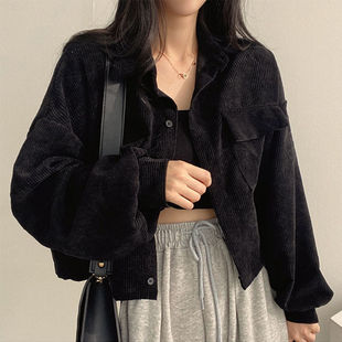 黑色短款 新款 百搭上衣外套长袖 宽松衬衣潮 灯芯绒衬衣女2024春秋季