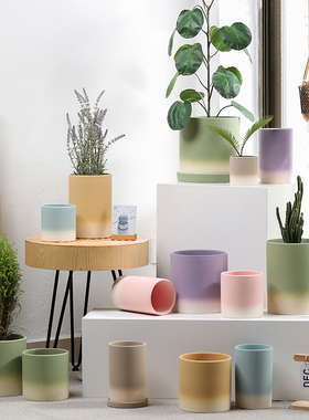 圆柱形渐变色多巴胺陶土素烧花盆透气陶瓷家用带托盘多肉绿植兰花