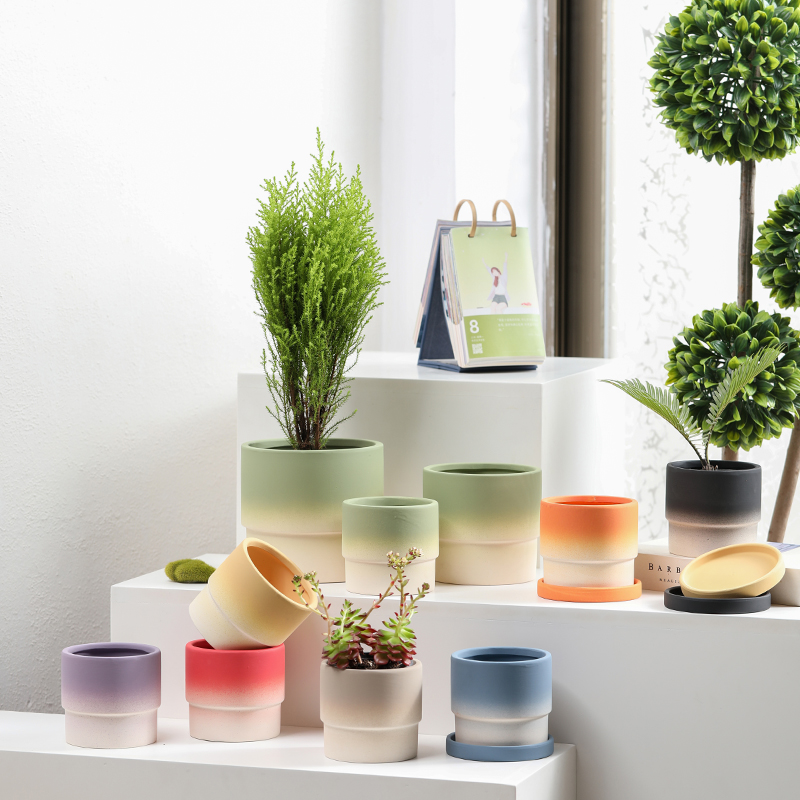 多巴胺渐变色陶瓷花盆家用素烧陶土透气有孔带托盘植物月季竹子