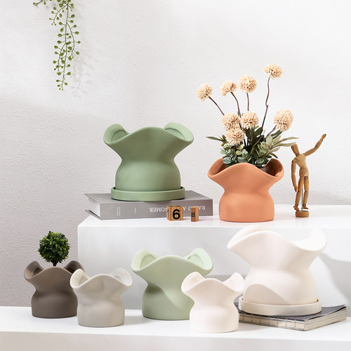 北欧手工花朵口素烧透气陶瓷花盆