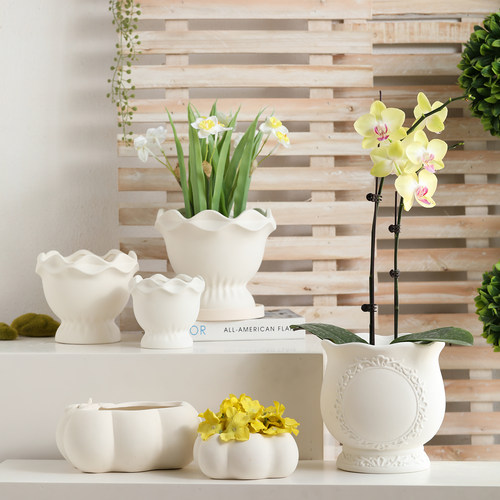 浮雕花朵边素烧胚白陶土花盆有孔