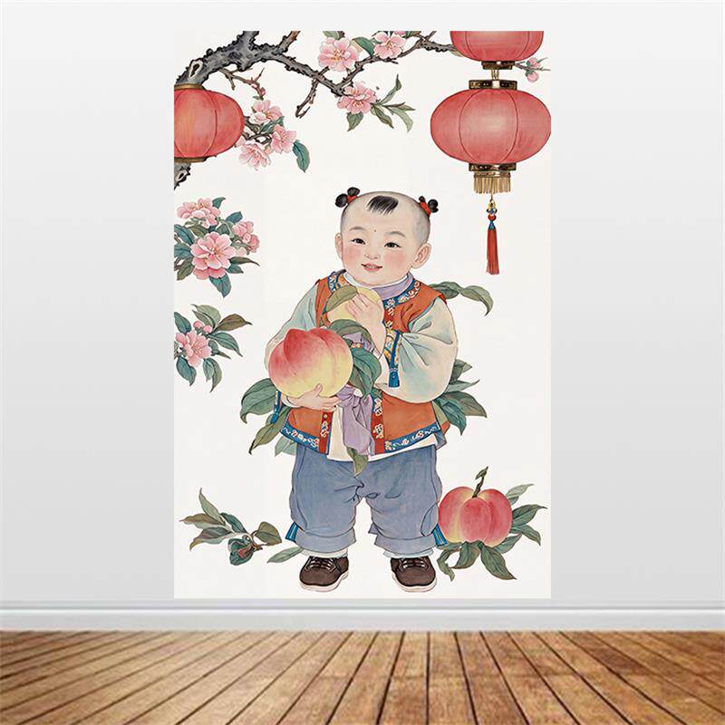 新中式童子献寿图寿桃红灯笼吉祥年画客厅书房卧室装饰海报画定制