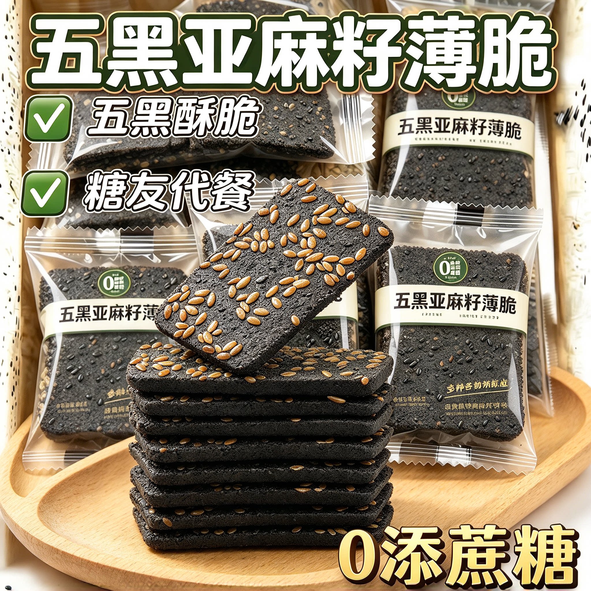 糖尿人专用零食品可以吃的无糖精五黑亚麻籽薄脆老人孕妇糖友饱腹