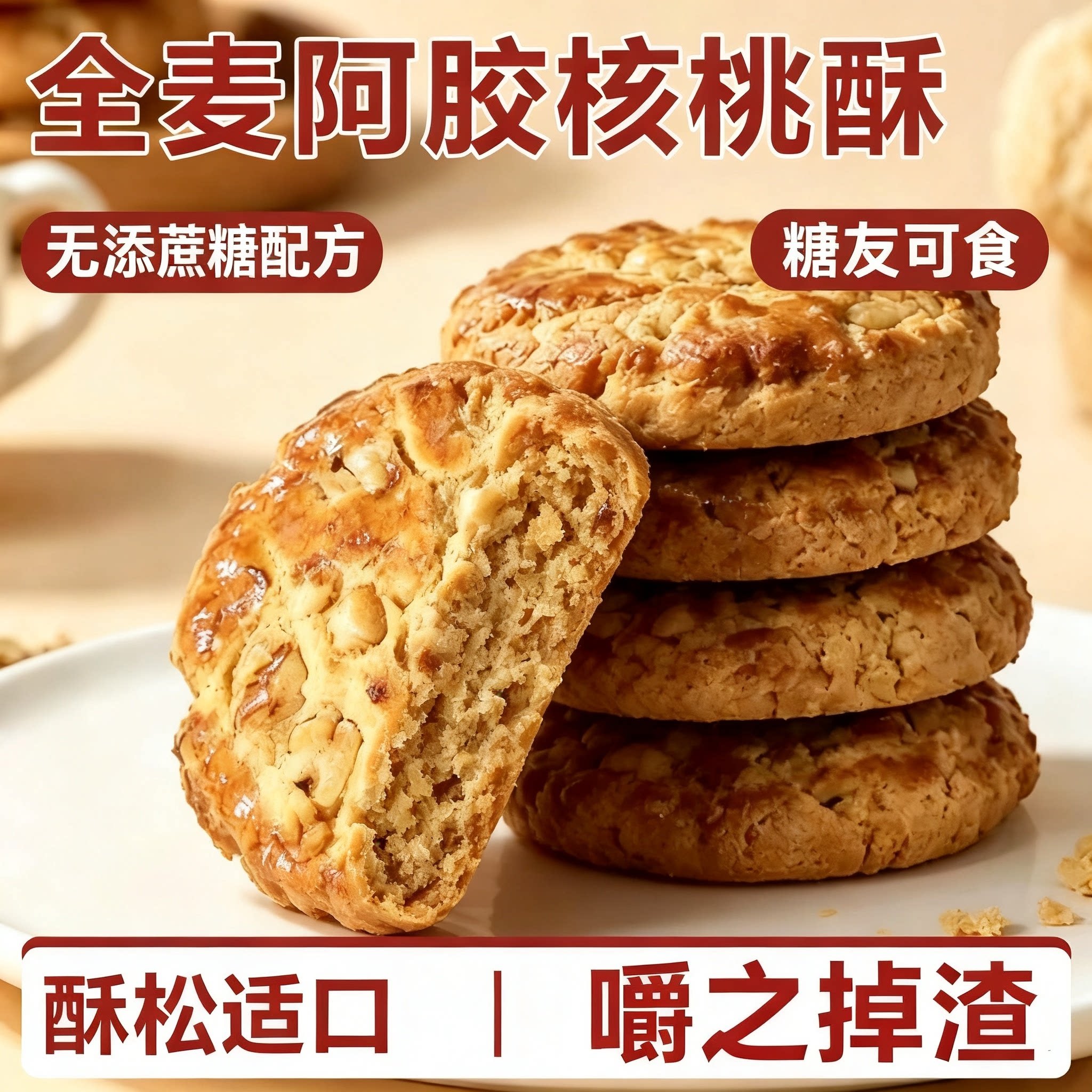 糖尿人专用零食品可以吃的无糖精全麦阿胶核桃酥老人儿童糖友饱腹