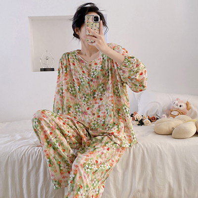 棉绸睡衣女春秋长袖夏薄款绵绸家居服人造棉学生套装宽松韩版大码