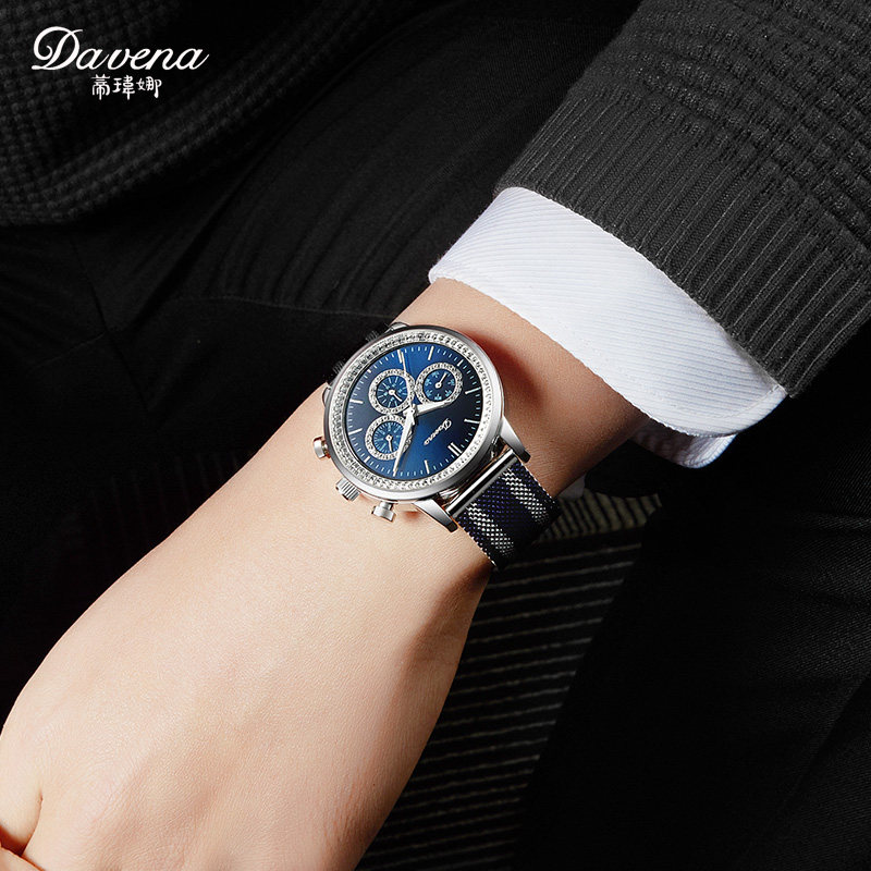新款正品蒂玮娜Davena钢带男表中性时尚六针水钻表女士时装腕手表