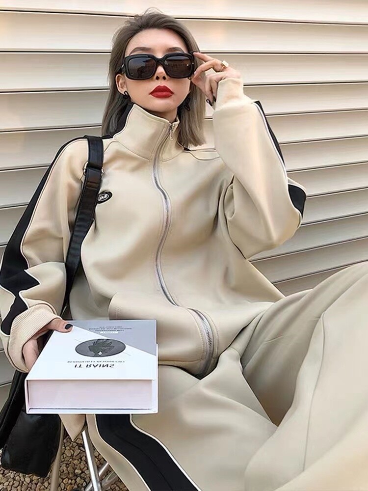 여학생을위한 홍콩 스타일 스트리트 지퍼 스웨터 스포츠 정장 2024 가을 겨울 한국어 버전 새로운 느슨한 캐주얼 투피스 세트