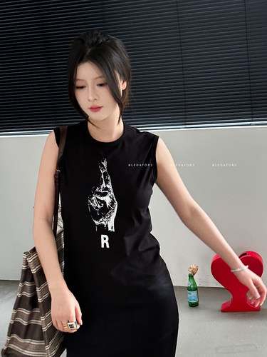 LEDAFOR3 160克进口棉 好运手势 Raf Simon*同款无袖圆领T恤背心