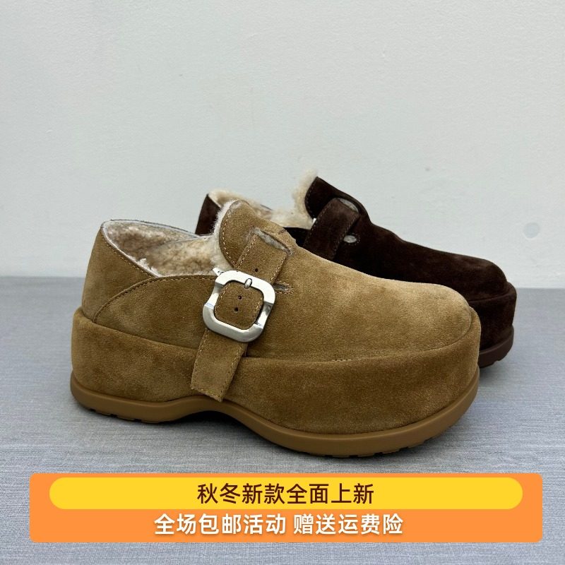 欧货新款女鞋真皮磨砂皮加厚羊毛加毛厚底勃肯鞋百搭穆勒鞋保暖鞋