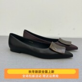 瓢鞋 欧货2025年秋季 浅口单鞋 女鞋 新款 胎牛皮真皮金属扣尖头平底鞋