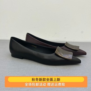 欧货2025年秋季新款胎牛皮真皮金属扣尖头平底鞋浅口单鞋女鞋瓢鞋