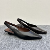 欧洲站2026年新款 女 真皮小皱胎牛皮低跟坡跟尖头浅口包头后空凉鞋