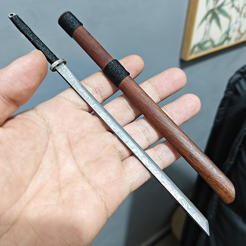 迷你一体唐横刀微兵器大马士革武士刀茶刀茶道配件黑檀木柄未开刃