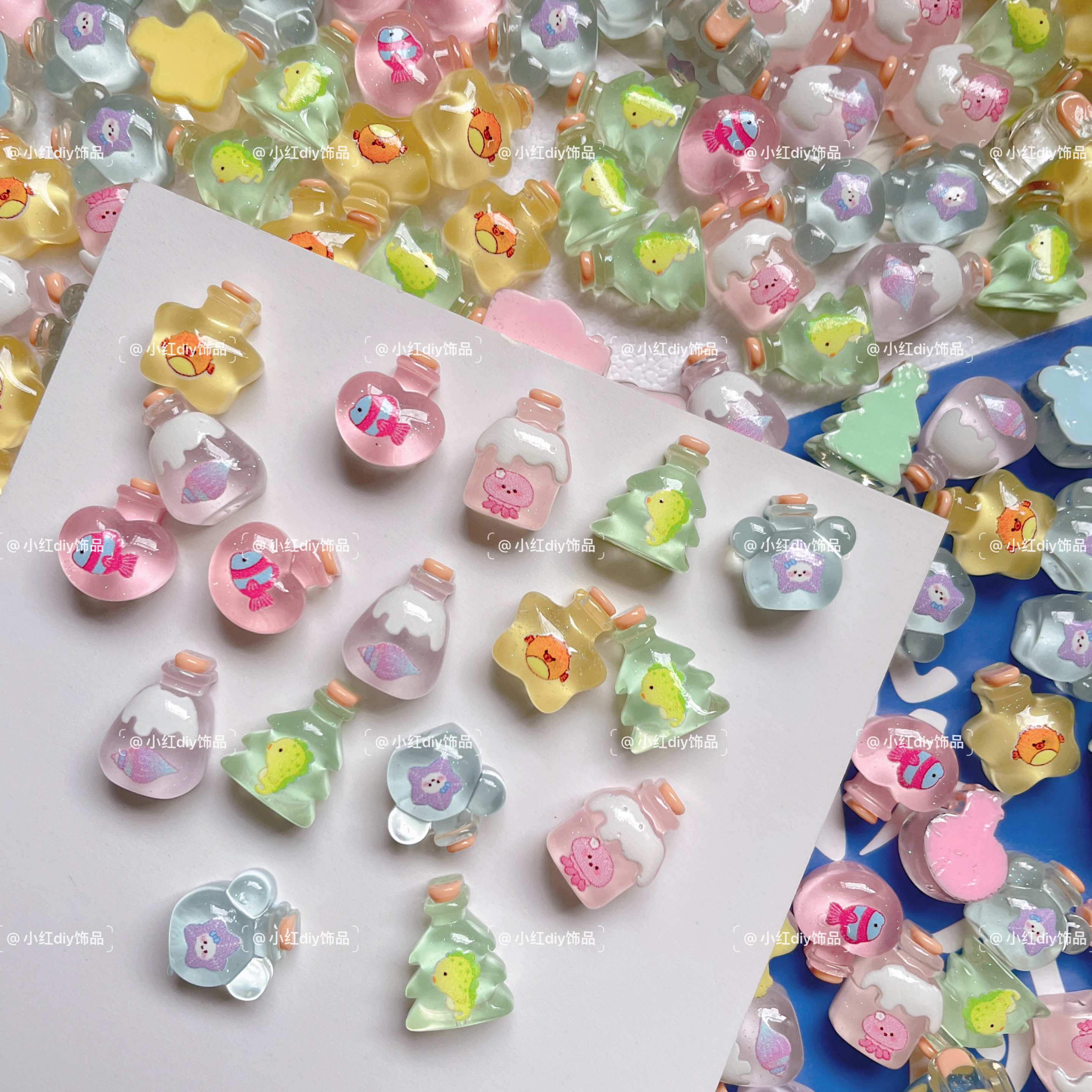 迷你卡通圣诞树星星小鱼星星瓶diy奶油胶树脂配件发夹装饰摆件