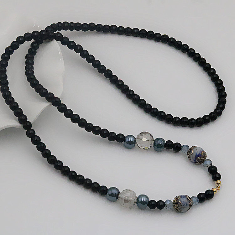 黑色圆珠链子长款项链复古白搭吊坠女毛衣链子