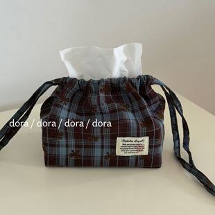 韩系ins风抽绳纸巾袋学院蓝格单层纸巾盒家居氛围感抽纸收纳盒