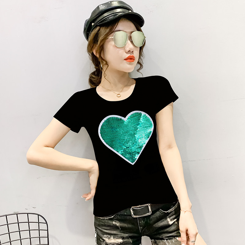 夏装女士百搭修身短袖t恤亮片洋气半袖小衫显瘦圆领网红时尚上衣