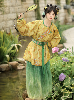 轻汉坊【柠檬甜茶】唐制绣花短款圆领袍汉服灯笼裤套装日常套装女