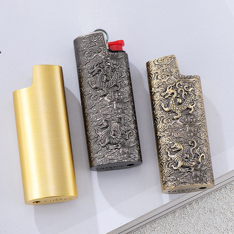 BIC比克J5砂轮打火机浮雕神兽金属外壳套迷你便携男防爆家用高档