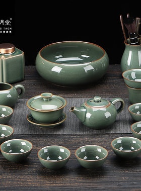 陶明堂哥窑功夫茶具套组家用办公高档轻奢开 片陶瓷泡茶壶中式礼