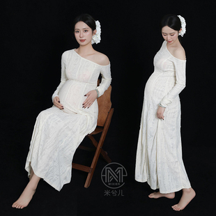 3206孕妇拍照服装 简约纯欲风斜肩连衣裙影楼大肚孕姿衣服出租用