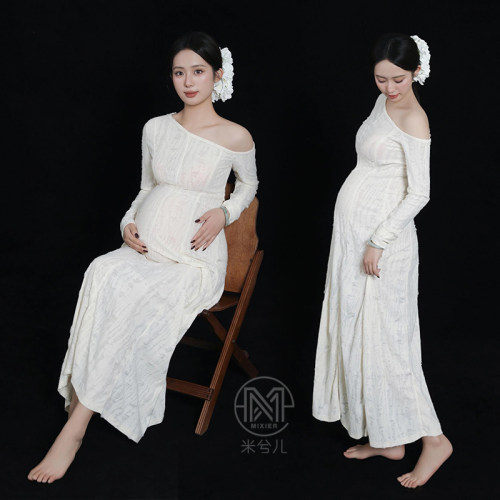 孕妇拍照服装纯欲风斜肩连衣裙