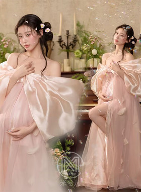 孕妇拍照服装粉色仙气蝴蝶结礼服