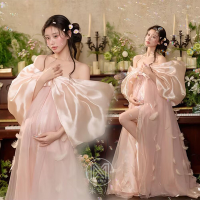 孕妇拍照服装粉色仙气蝴蝶结礼服