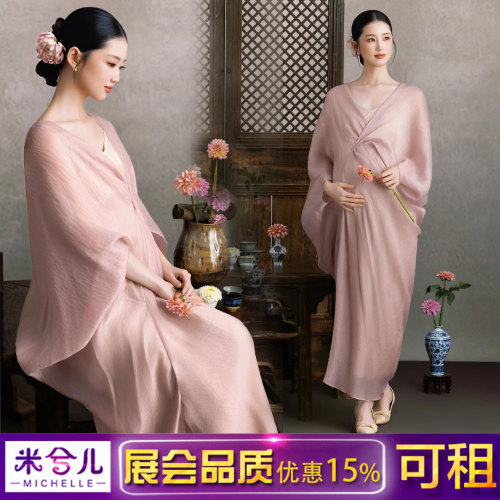 孕妇拍照服装新中式粉网纱连衣裙